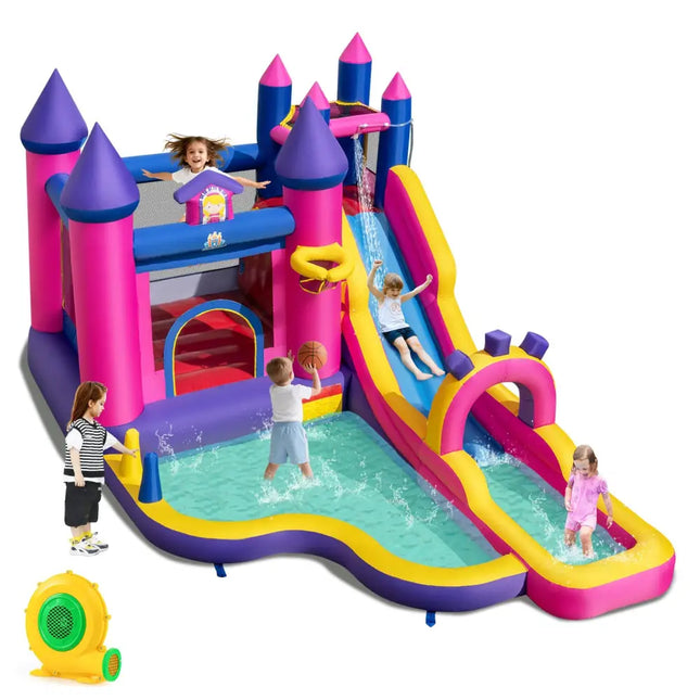 Inflatable Water Slide Princess Themed Bounce Castle with Climbing Wall 680W Blower Included - Inflatable Water Slides