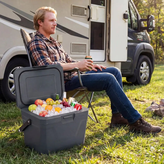 Insulated Portable Cooler Hard Shell Ice Chest with 2 Cup Holders-Gray - Gray - Coolers