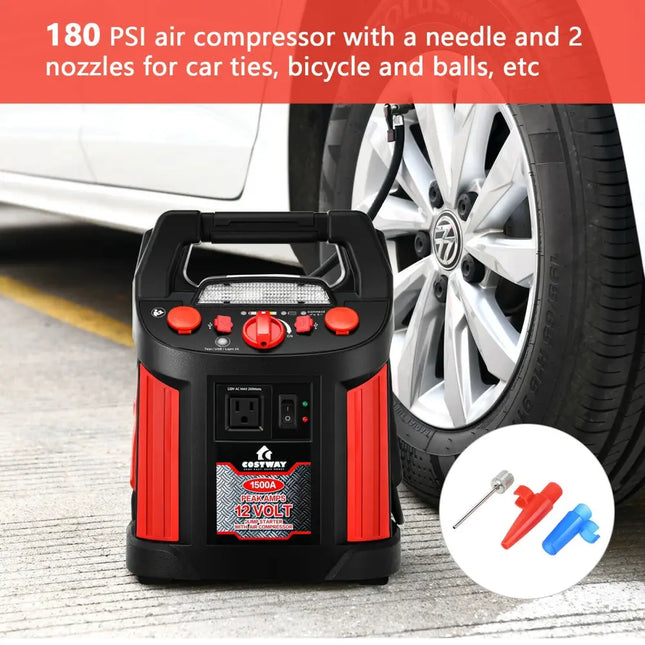 Jump Starter Air Compressor Power Bank Charger with LED Light and DC Outlet - Black & Red - Garages
