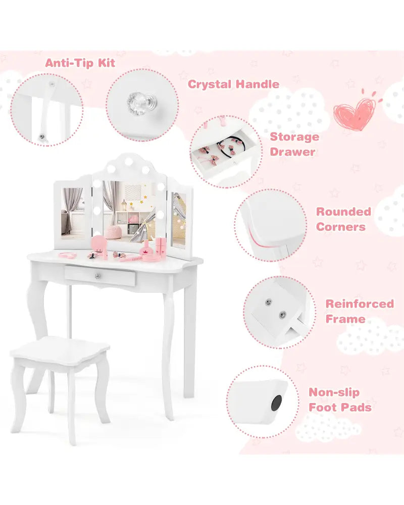 Kid Vanity Table Stool Set with Tri-Folding Mirror and 3-Color LED Lights-White - White - Kids Vanities