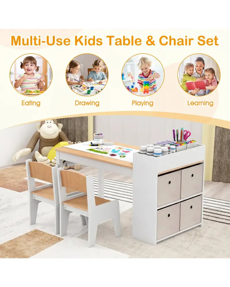 Kids Art Table and Chairs Set with 2 Chairs and Paper Roll-Natural - Natural - Kids Table & Chair Sets