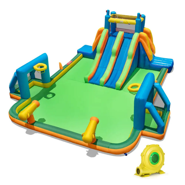 Kids Inflatable Water Slide with 2 Long Slides and 2 Soccer Gates with 1100W Blower - Multicolor - Outdoor Play