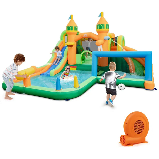 Kids Inflatable Water Slide with Soccer Gate and 750W Blower - Multicolor - Outdoor Play