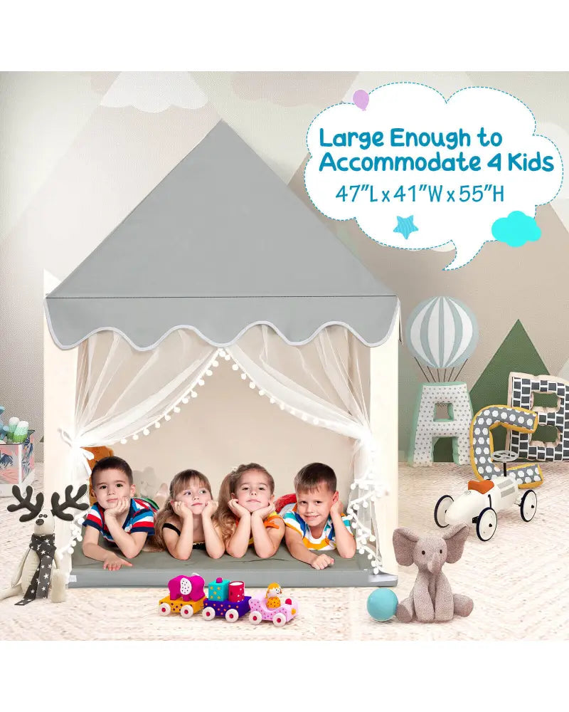 Kids Large Play Castle Fairy Tent with Mat-Beige - Beige - Play Tents & Playhouse