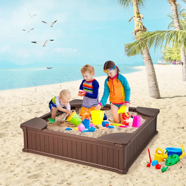 Kids Outdoor Sandbox with Oxford Cover and 4 Corner Seats-Brown - Brown - Sandboxes