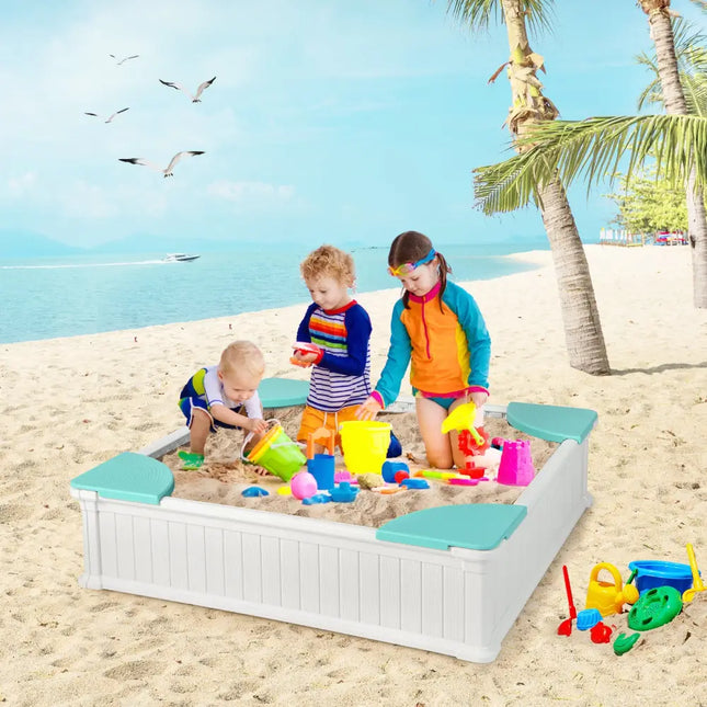 Kids Outdoor Sandbox with Oxford Cover and 4 Corner Seats-White - White - Sandboxes