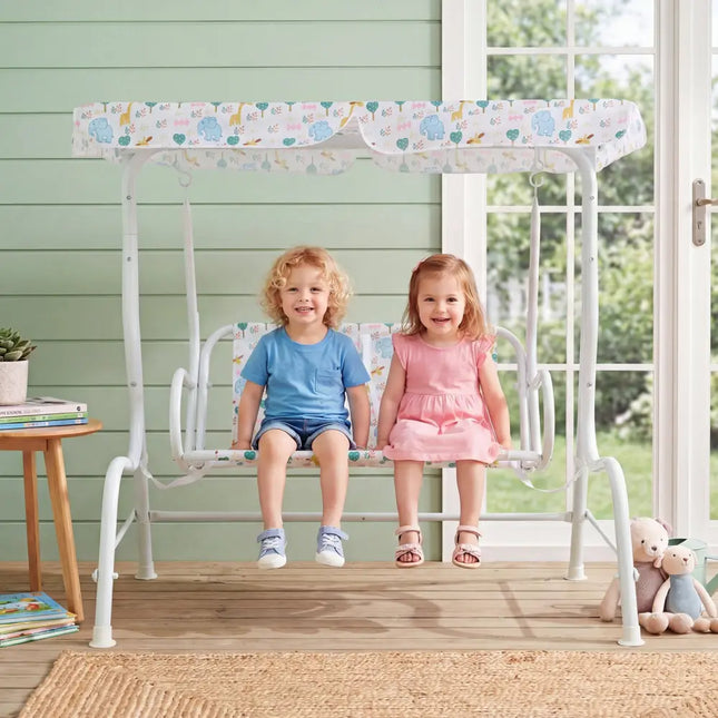 Kids Patio Swing 2-Seater Outdoor Porch Swing Lounge Chair with Adjustable Canopy-White - White - Swing & Playsets