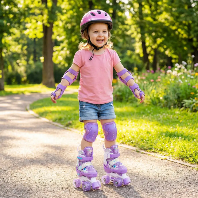 Kids Roller Skates 4 Sizes Adjustable with Light-up Wheels for Toddler Aged 3-4 (XS)-Purple - Purple - Toy Sports