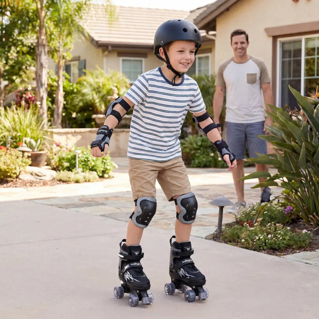 Kids Roller Skates for Girls Boys 4 Sizes Adjustable Quad Skates with Light-up Wheels for Outdoor-Black - Black - Toy