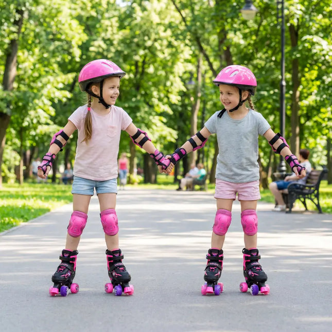 Kids Roller Skates for Girls Boys 4 Sizes Adjustable Quad Skates with Light-up Wheels-Pink - Pink - Toy Sports