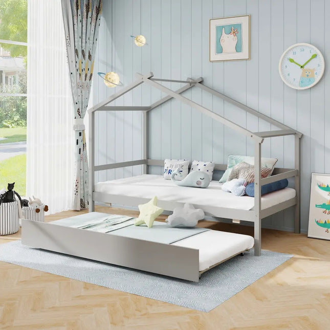 Kids Twin Size House Bed with Trundle and Roof-Gray - Gray - Trundle Bed Frame
