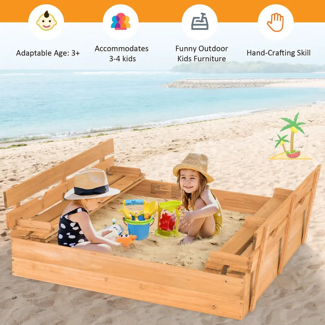 Kids Wooden Sandbox with 2 Foldable Bench Seats - Brown - Sandboxes