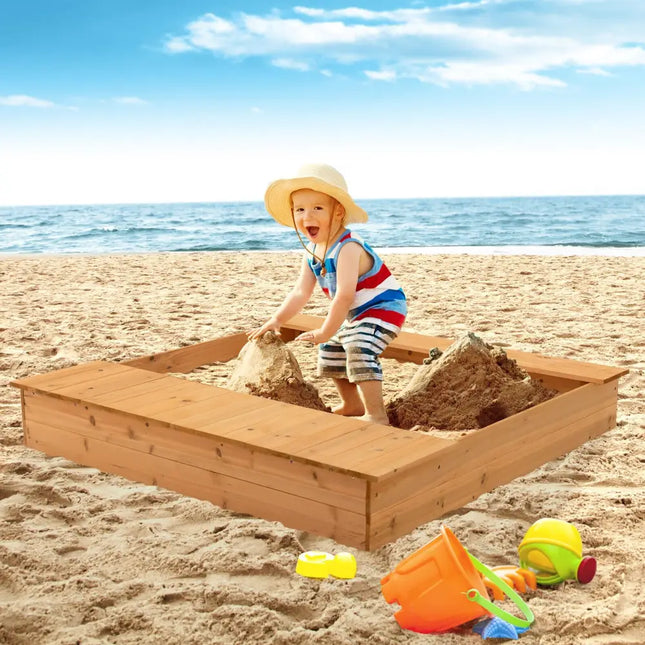 Kids Wooden Sandbox with Bench Seats and Storage Boxes - Natural - Sandboxes