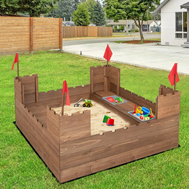 Kids Wooden Sandbox with Bottom Liner and Red Flags - Natural - Sandboxes