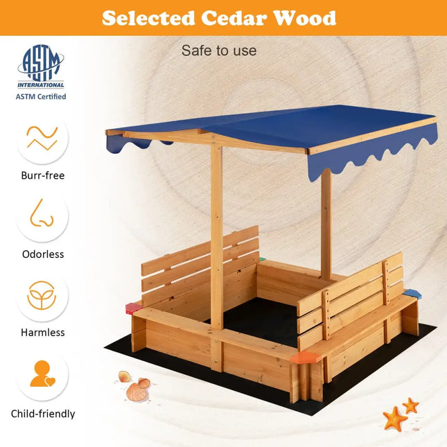 Kids Wooden Sandbox with Canopy and 2 Bench Seats - Natural - Sandboxes