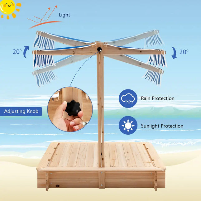 Kids Wooden Sandbox with Canopy and Bench Seats-Blue - Blue - Sandboxes
