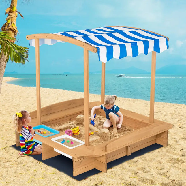 Kids Wooden Sandbox with Striped Canopy - Brown - Sandboxes