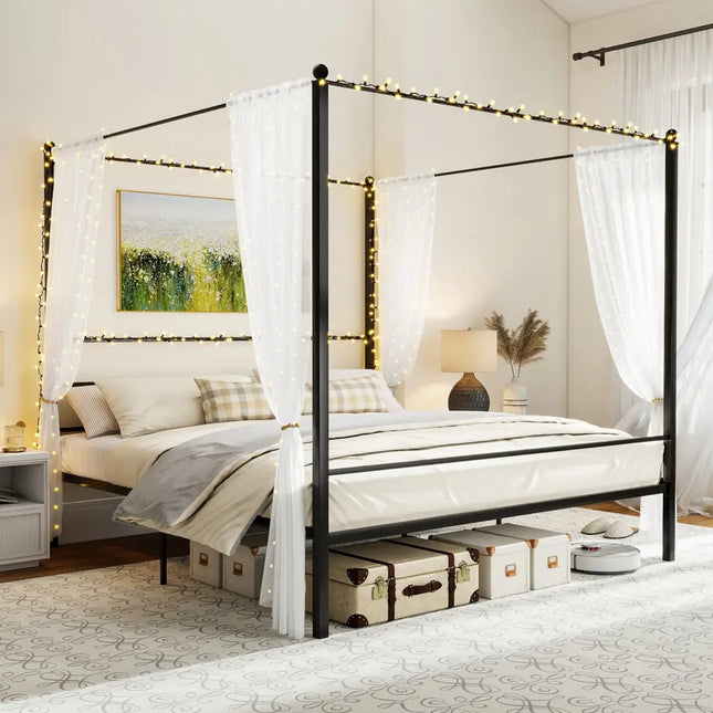 King Size Metal Canopy Bed Frame with Slat Support - Black - Simple Bed Frame