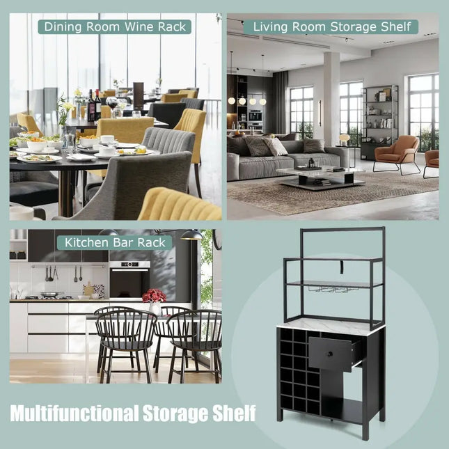 Kitchen Bakers Rack Freestanding Wine Rack Table with Glass Holder and Drawer-Black - Black - Sideboards Cabinets &
