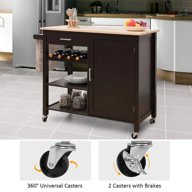Kitchen Island Cart Rolling Serving Cart Wood Trolley-Brown - Brown - Kitchen Islands & Carts
