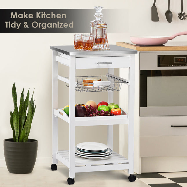 Kitchen Island Cart with Stainless Steel Tabletop and Basket-White - White - Kitchen Islands & Carts