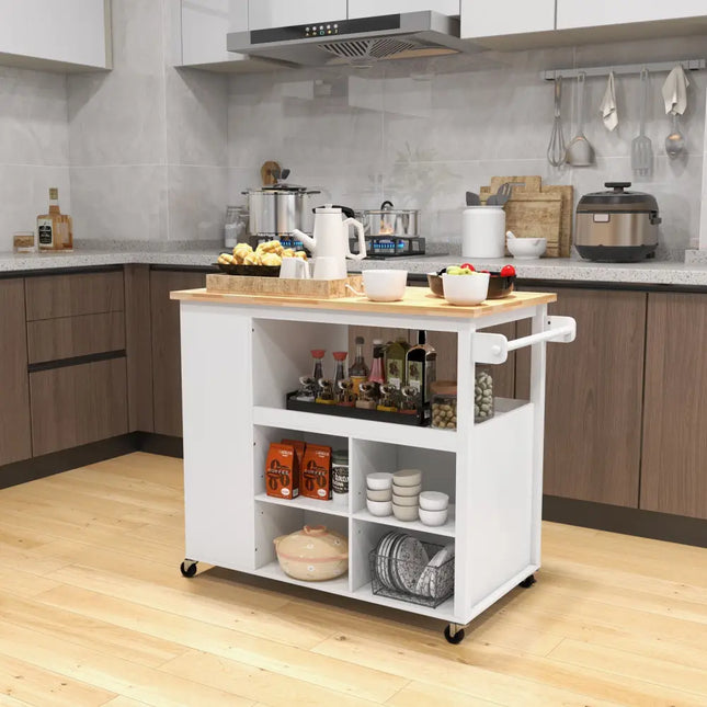 Kitchen Island Trolley Cart on Wheels with Storage Open Shelves and Drawer-White - White - Kitchen Islands & Carts