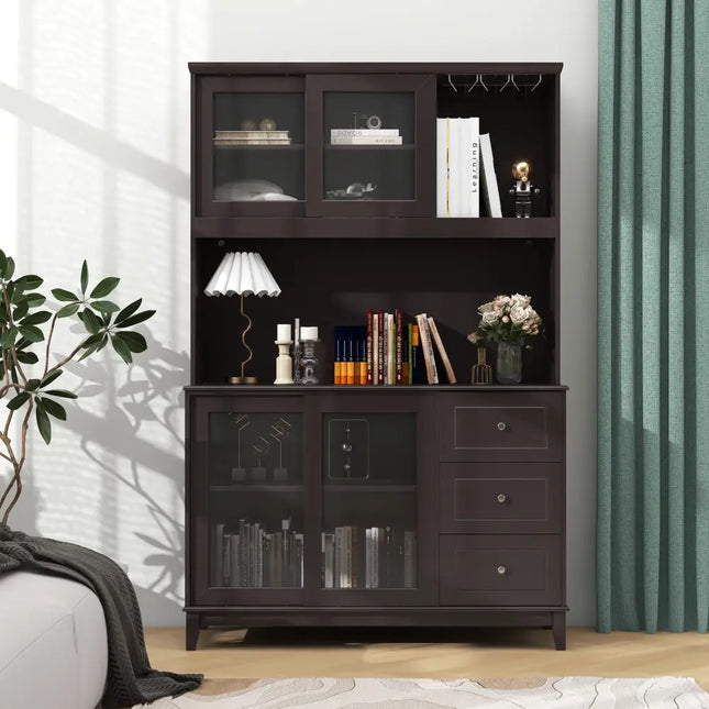 Kitchen Pantry Storage Cabinet Kitchen Hutch with LED lights and Power Outlet-Dark Brown - Deep Brown - Sideboards