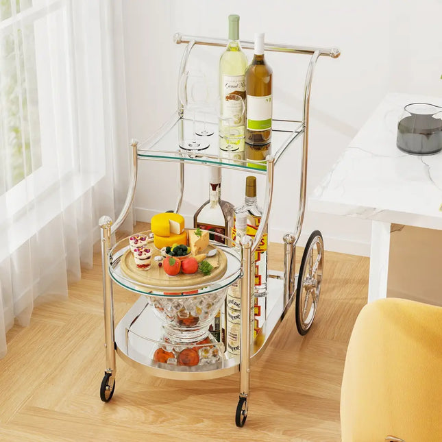 Kitchen Rolling Bar Cart with Tempered Glass Suitable for Restaurant and Hotel - Silver - Kitchen Islands & Carts