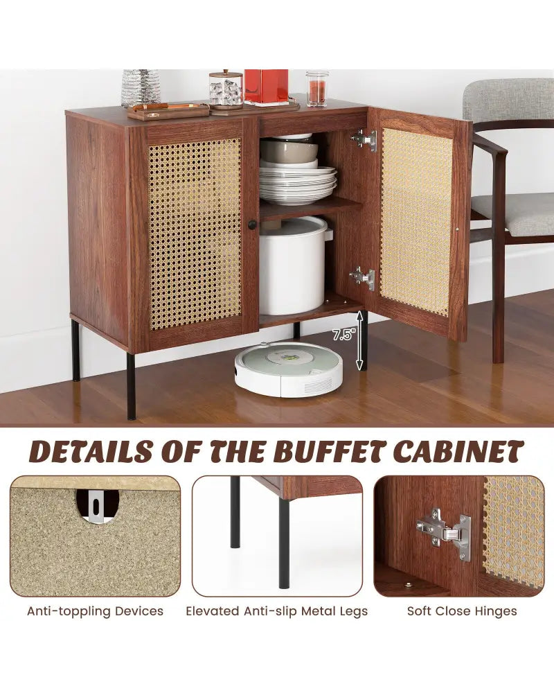 Kitchen Sideboard with 2 Rattan Doors and Adjustable Shelf-Walnut - Walnut - Sideboards Cabinets & Buffets