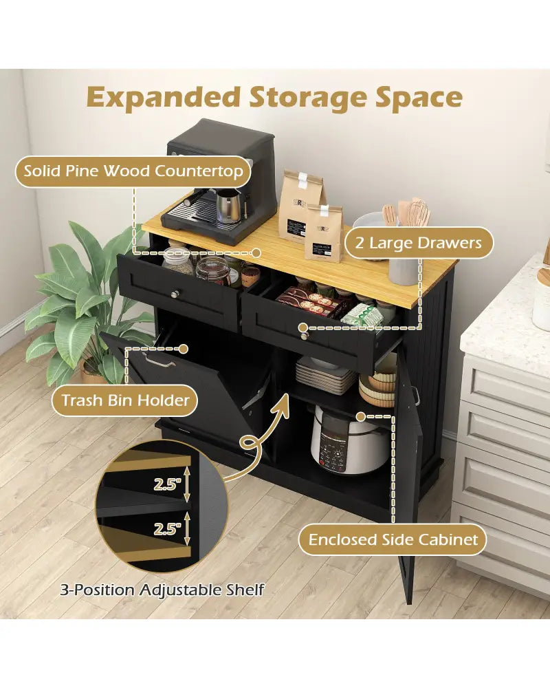 Kitchen Tilt Out Trash Cabinet with 2 Drawers and Adjustable Shelf-Black - Black - Sideboards Cabinets & Buffets
