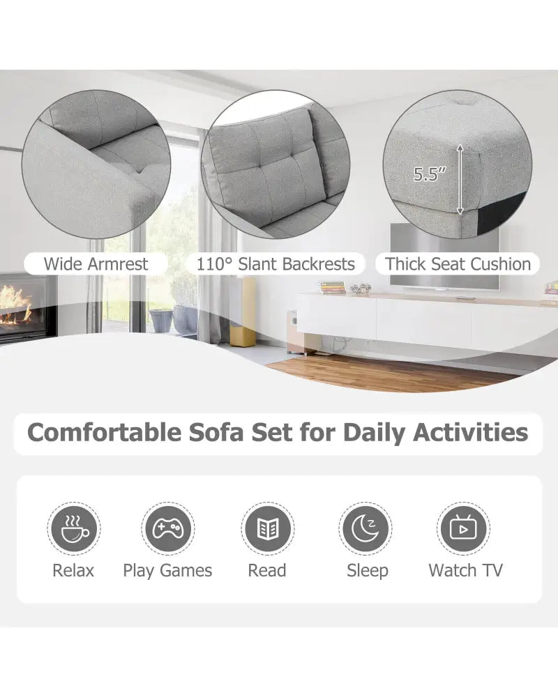 L-shaped Sectional Corner Sofa Set with Storage Ottoman-Gray - Gray - Sofas & Loveseats