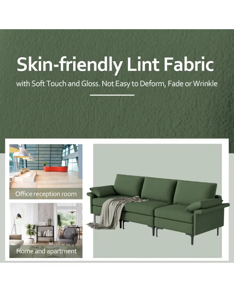 Large 3-Seat Sofa Sectional with Metal Legs and 2 USB Ports for 3-4 people-Green - Army Green - Sofas & Loveseats