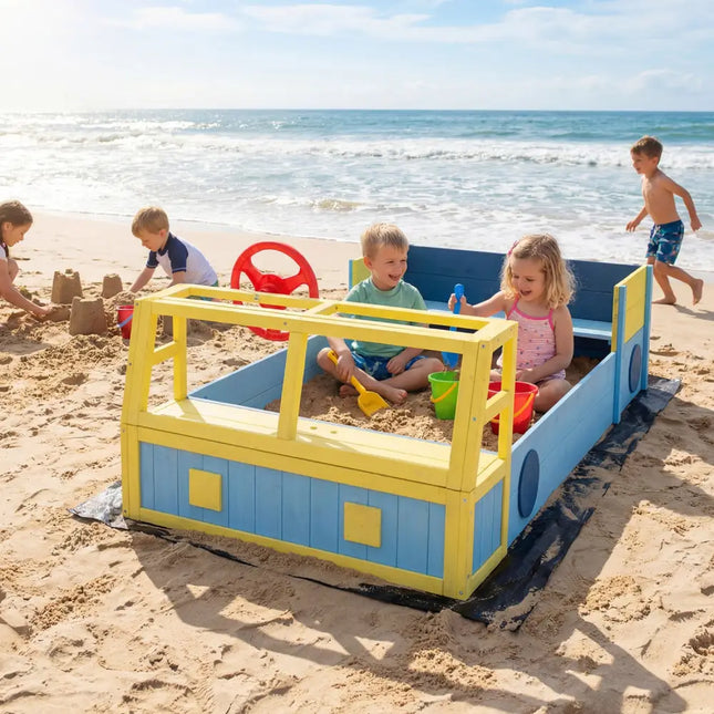 Large Car-Theme Sand Box with Bottom Liner and Fir Wood Frame-Blue - Blue - Sandboxes