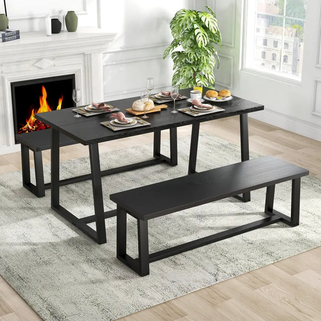 Large Dining Table with Heavy-duty Metal Frame and Anti-slip Foot Pads-Black - Black - Dining Tables
