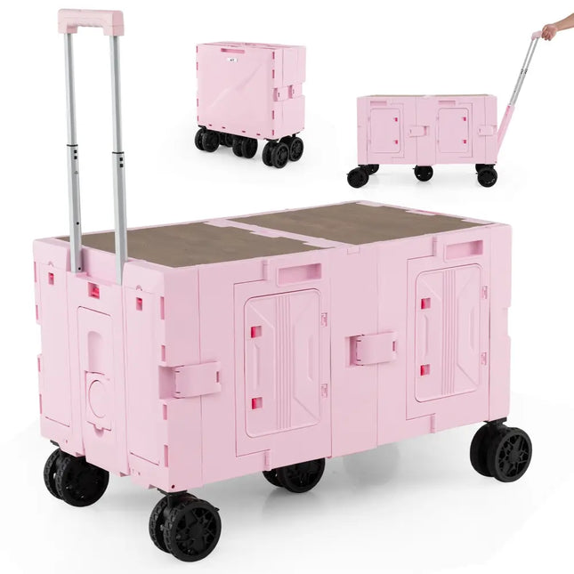 Large Foldable Utility Cart with 2-Tier Storage Crates and Telescoping Handle-Pink - Pink - Camping Furniture