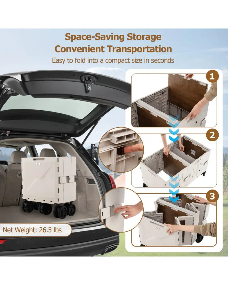 Large Foldable Utility Cart with 2-Tier Storage Crates and Telescoping Handle-White - White - Camping Furniture