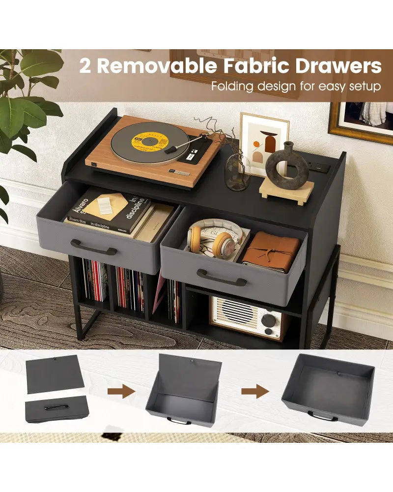 Large Record Player Stand with Charging Station Mid Century Modern Vinyl Storage Cabinet-Black - Black - End & Side