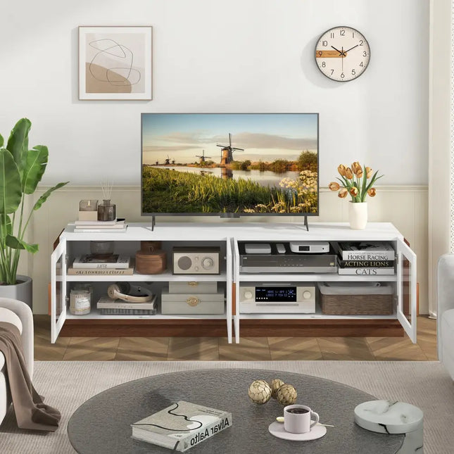 Large TV Stand for TVs up to 75 Inch with 4 Tempered Glass Doors for Living Room-White - White - Entertainment Centers