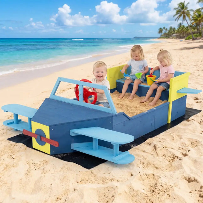 Large Wooden Kids Sandbox with Bottom Liner and Bench Seat-Blue - Blue - Sandboxes