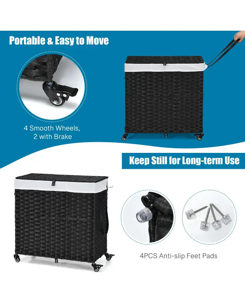 Laundry Hamper with Wheels and Lid-Black - Black - Laundry Baskets