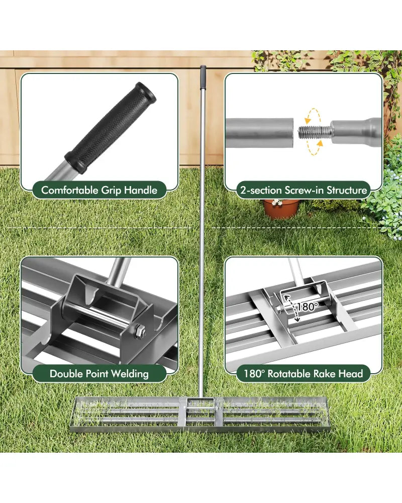 Lawn Leveling Rake 46 x 10 Inch Heavy Duty Lawn Level Tool for Soil-Silver - Silver - Lawn Care Tools