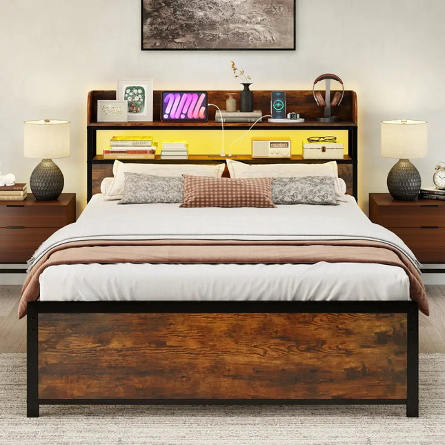 LED Bed Frame with Power Outlets and Storage Headboard-Full Size - Beds & Bed Frames