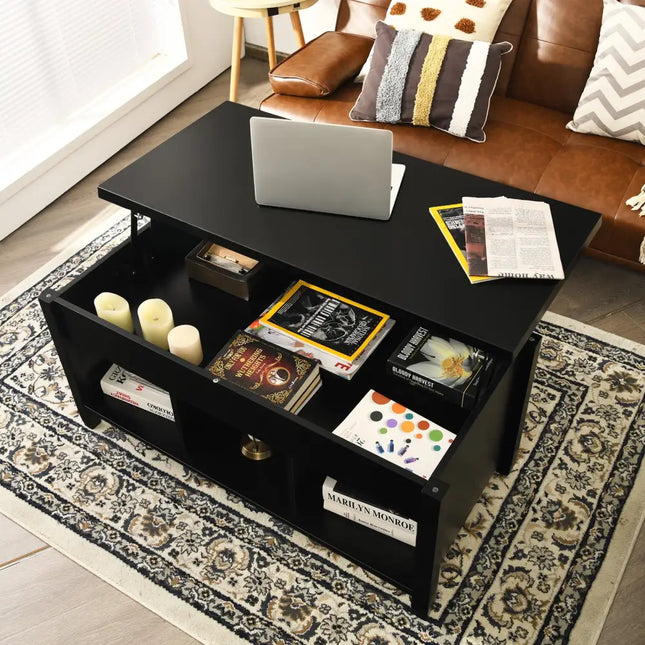 Lift Top Coffee Table with Hidden Storage Compartment-Black - Black - Coffee Tables