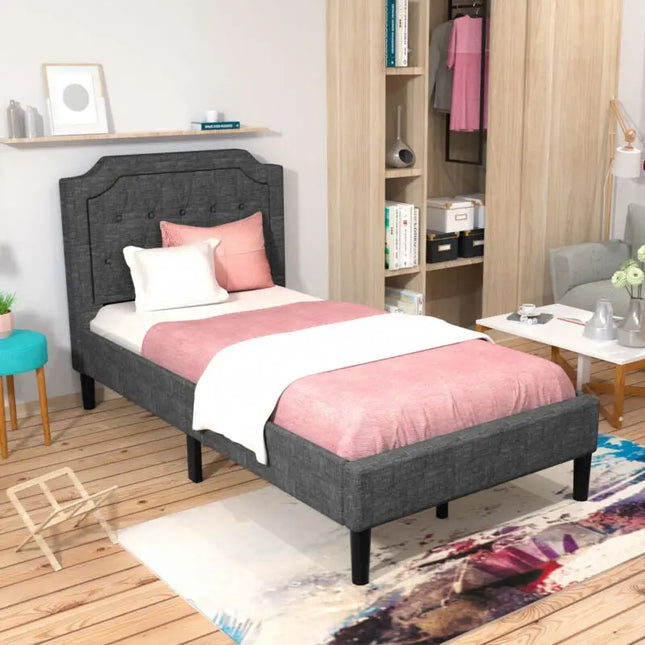 Linen Twin Upholstered Platform Bed with Frame Headboard Mattress Foundation - Black - Simple Bed Frame
