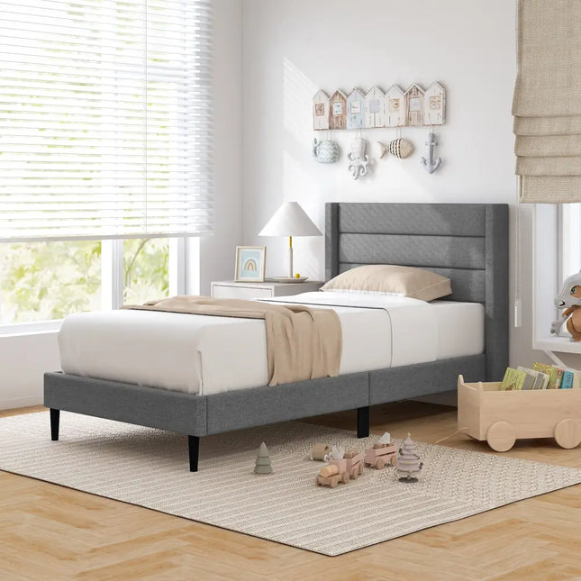 Linen Upholstered Platform Twin/Queen Bed Frame with Wingback Headboard-Twin Size - Gray - Simple Bed Frame