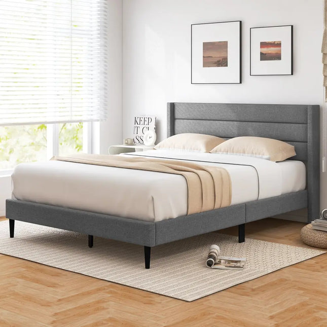 Linen Upholstered Platform Twin/Queen Bed Frame with Wingback Headboard-Queen Size - Simple Bed Frame