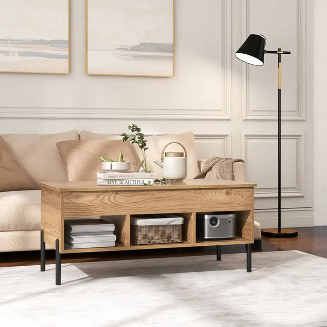 Living Room Central Table with Lifting Tabletop and Metal Legs-Natural - Natural - Living Room