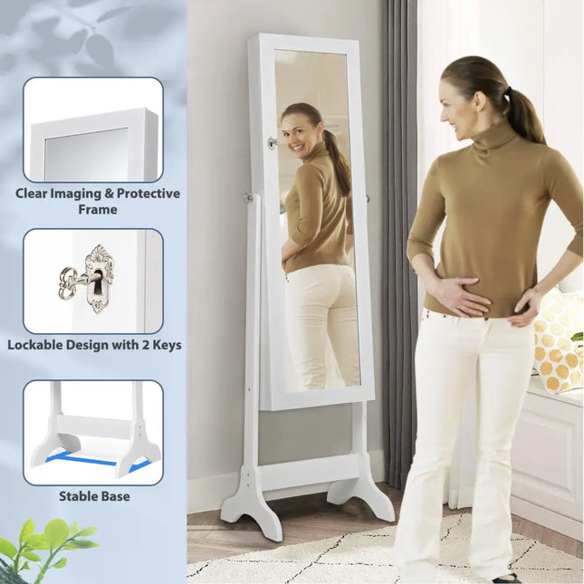 Lockable Mirrored Jewelry Cabinet Armoire Storage Organizer Box-White - White - Jewelry Armoires