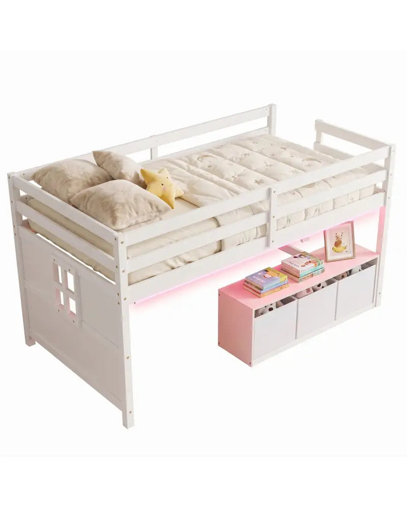 Loft Bed with Adjustable Lights Remote Control and 3 Removable Fabric Drawers-Twin size - Bunk Bed Frame