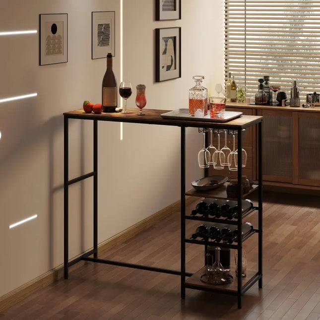 Long Bar Table Bar Height Dining Table with Storage Shelves-Rustic Brown - Rustic Brown - Bar Tables